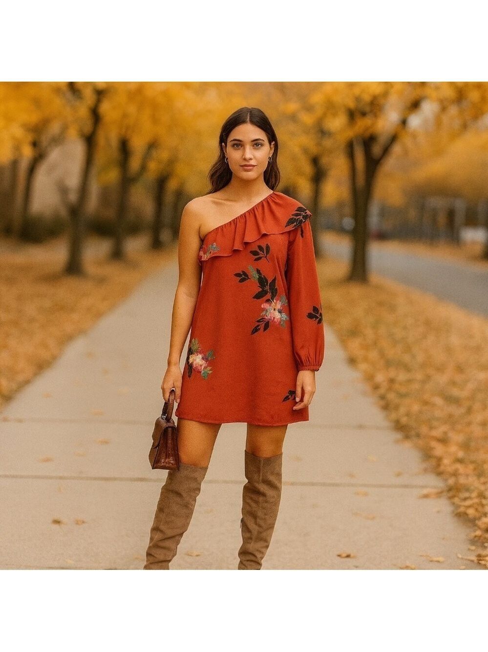 French Connection Copper Rust Orange Delphine One Shoulder Dress – Size 10